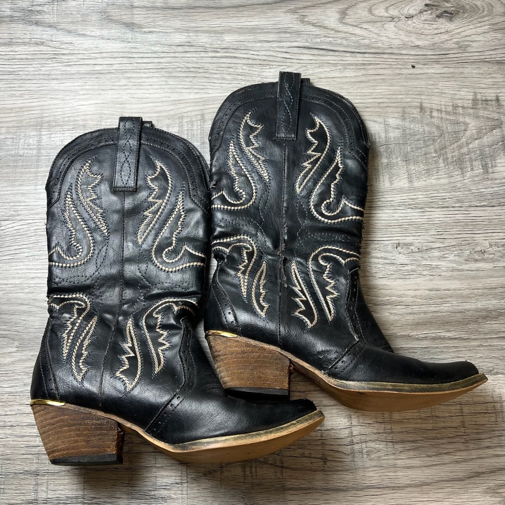 Unbranded Cowboy Boots Womens Size 8 Black Faux Leather Western Gold Trim Stitch